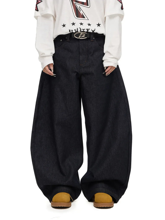PeopleStyle Dark Blue Raw Denim Jeans with Wide-leg